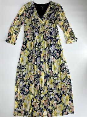 Floral Wrap Maxi Dress - Navy with Yellow & Pink